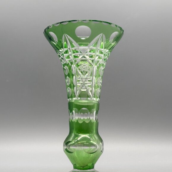 Vintage Emerald Green Cut-to-Clear Bohemian Crystal Vase Czech Overlay - Picture 7 of 10